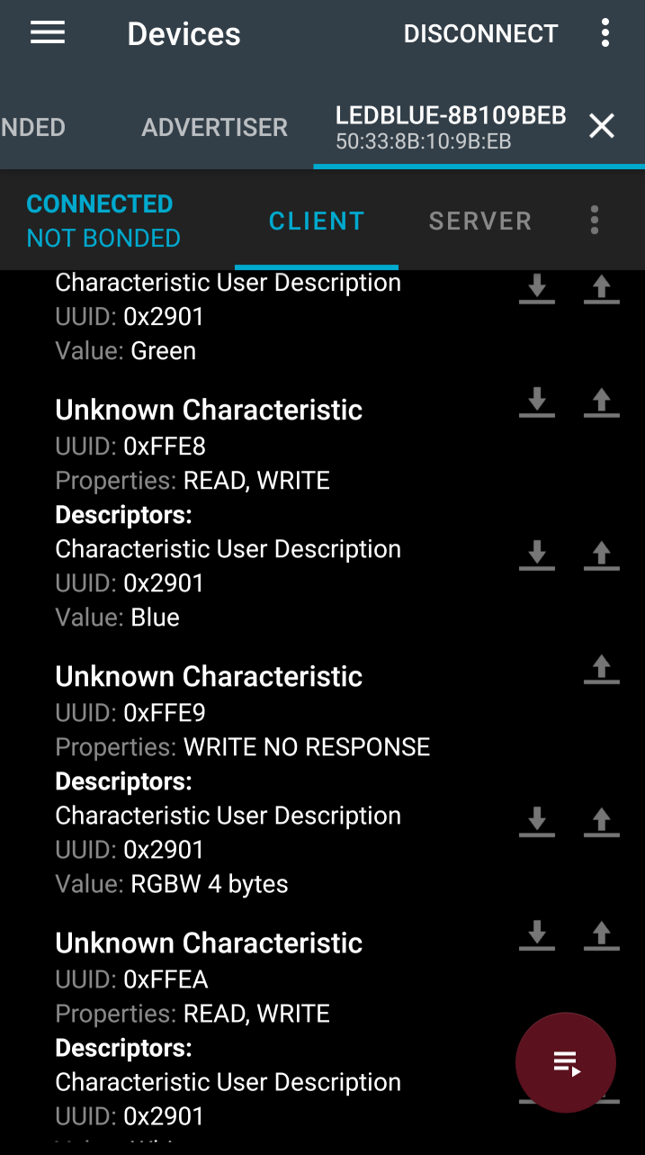 Screenshot of nordic app displaying some of the characteristics of the 0xFFE5 service. The Characteristic User Descriptions have value of "Blue" or "Green" or "RGBW 4 bytes"