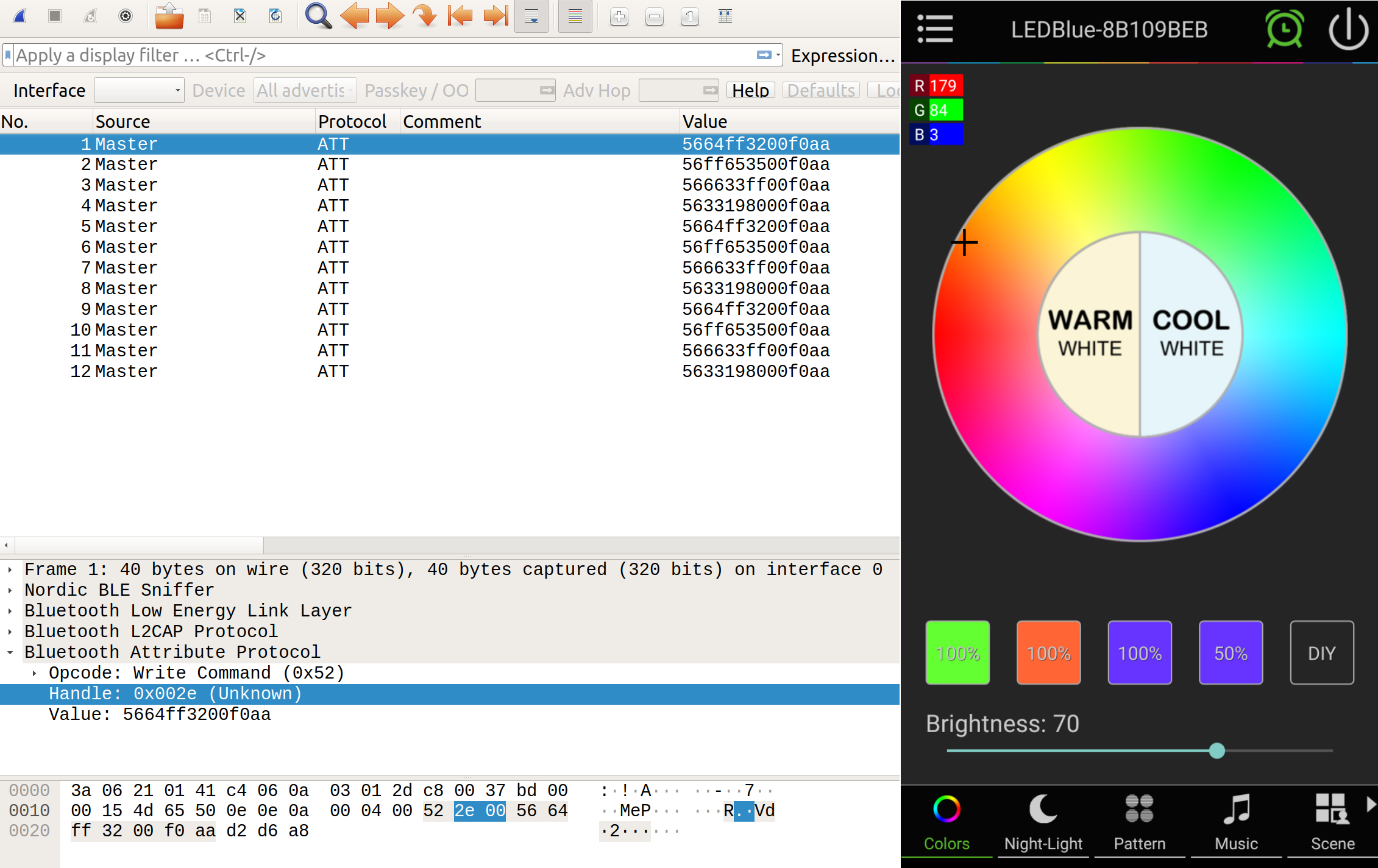 Wireshark and phone app next to each other