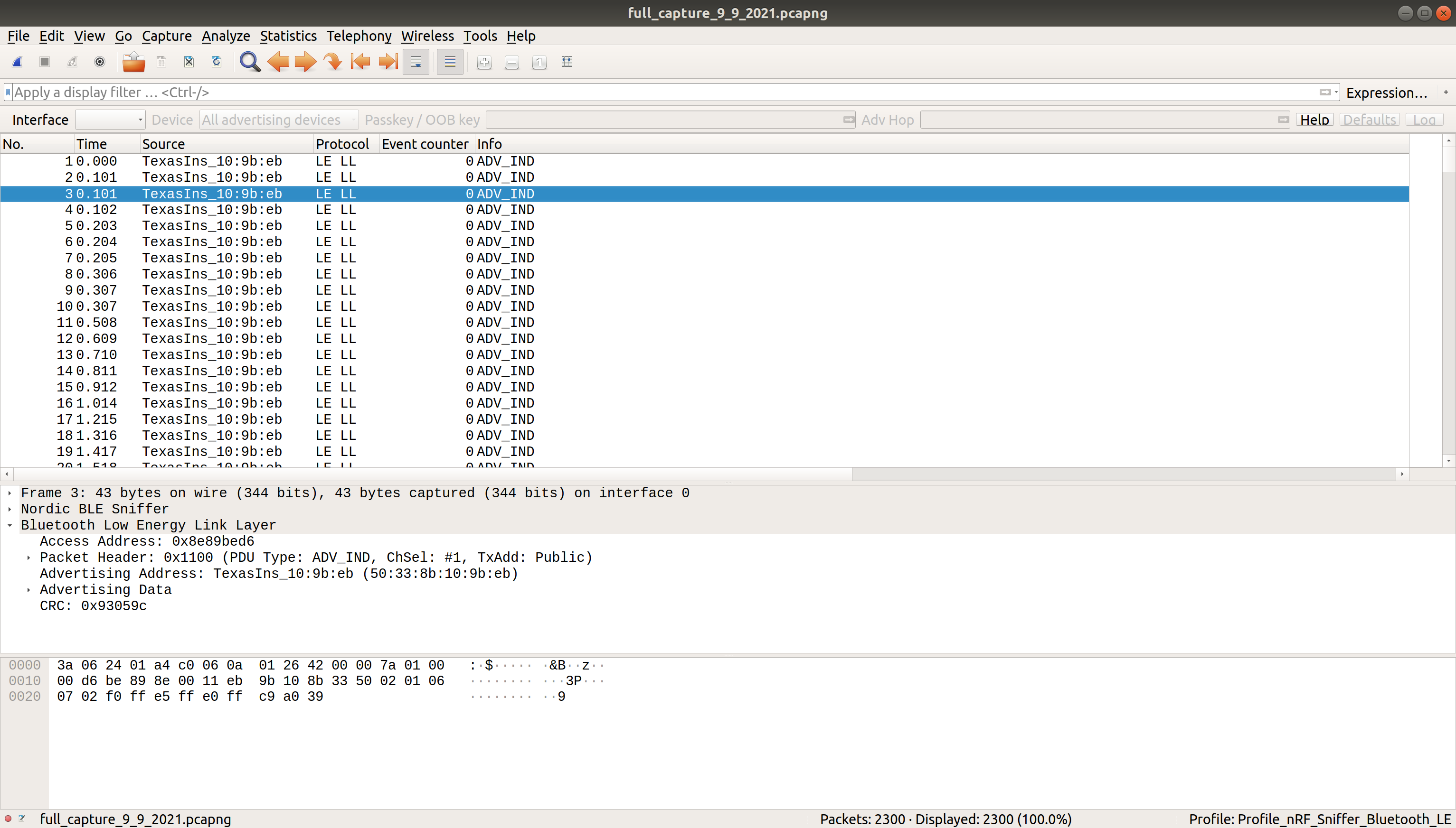 Screenshot of wireshark displaying captured packets