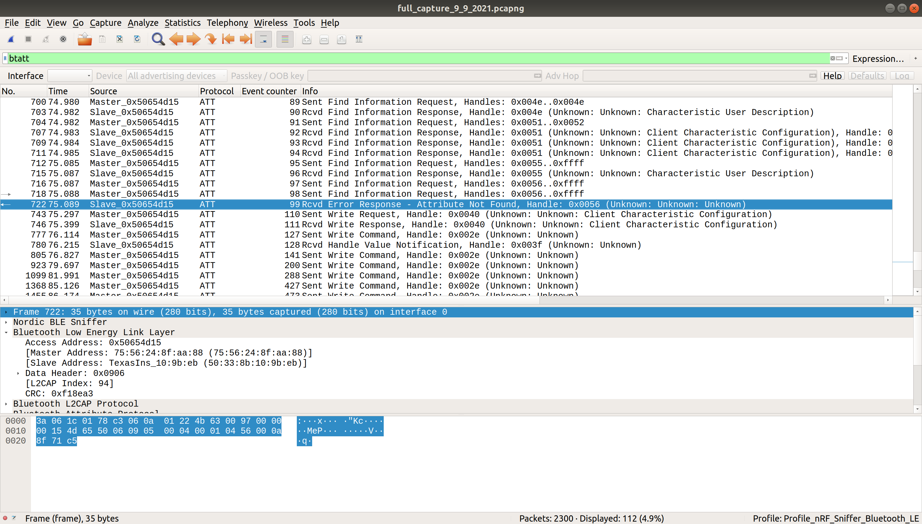 Screenshot of wireshark displaying packets after they've been filtered by the btatt filter. There are multiple "Find information request" lines in the info column, as well as "Sent Write Command"