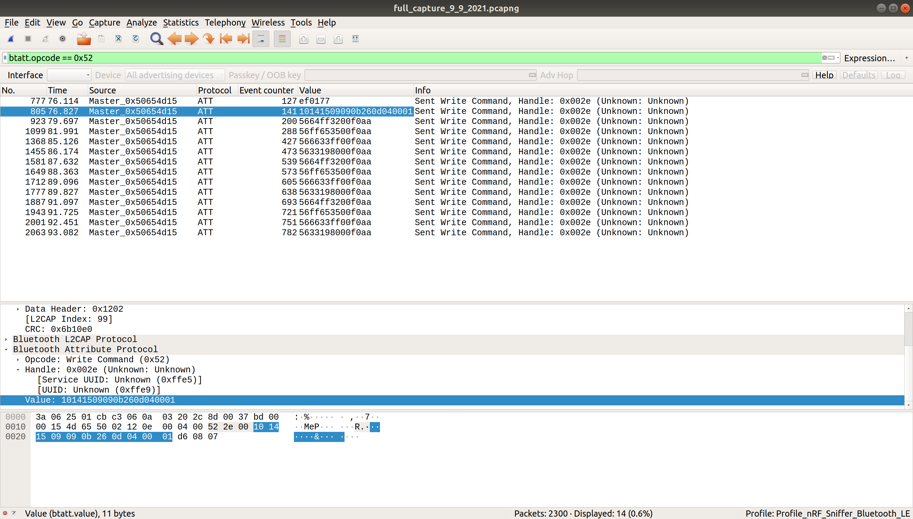 Screenshot of wireshark with filter, and new "value" column. The first two packets have random looking values, and after that all values follow a simple looking pattern