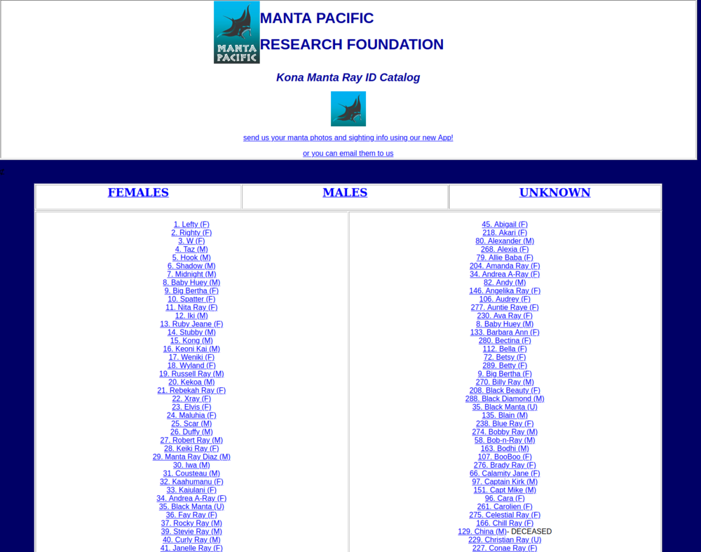 A snippet of the home page. It continues on with a list of links to display all ~300 mantas