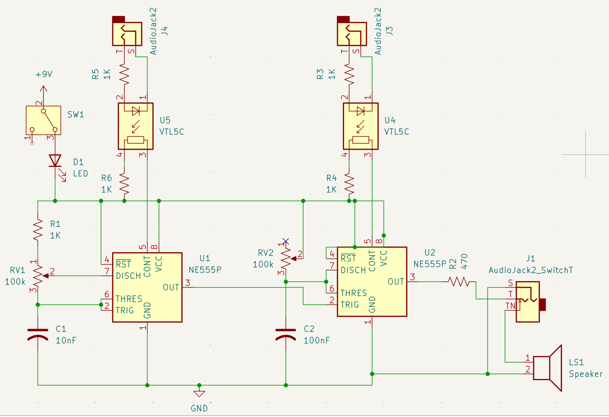 Schematic. Two Vactrol ICs have been added, connecting the 555 CV pins to vactrols and resistors. The other side of the vactrols are connected to headphone jacks