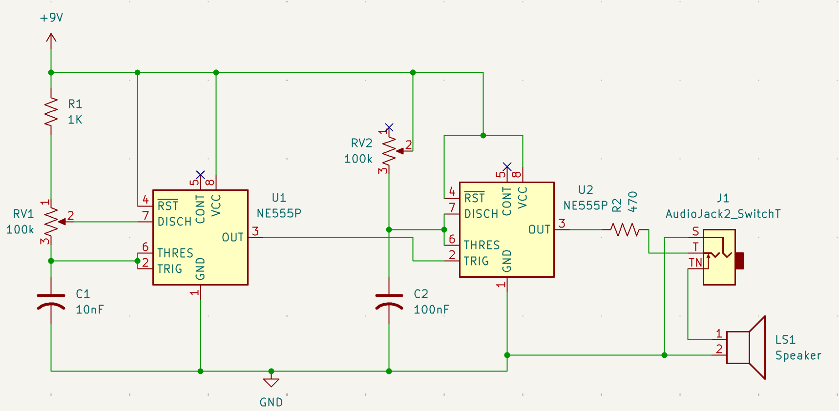 Schematic. A switching headphone jack has been inserted in the schematic between the 555 OUT pin and the speaker