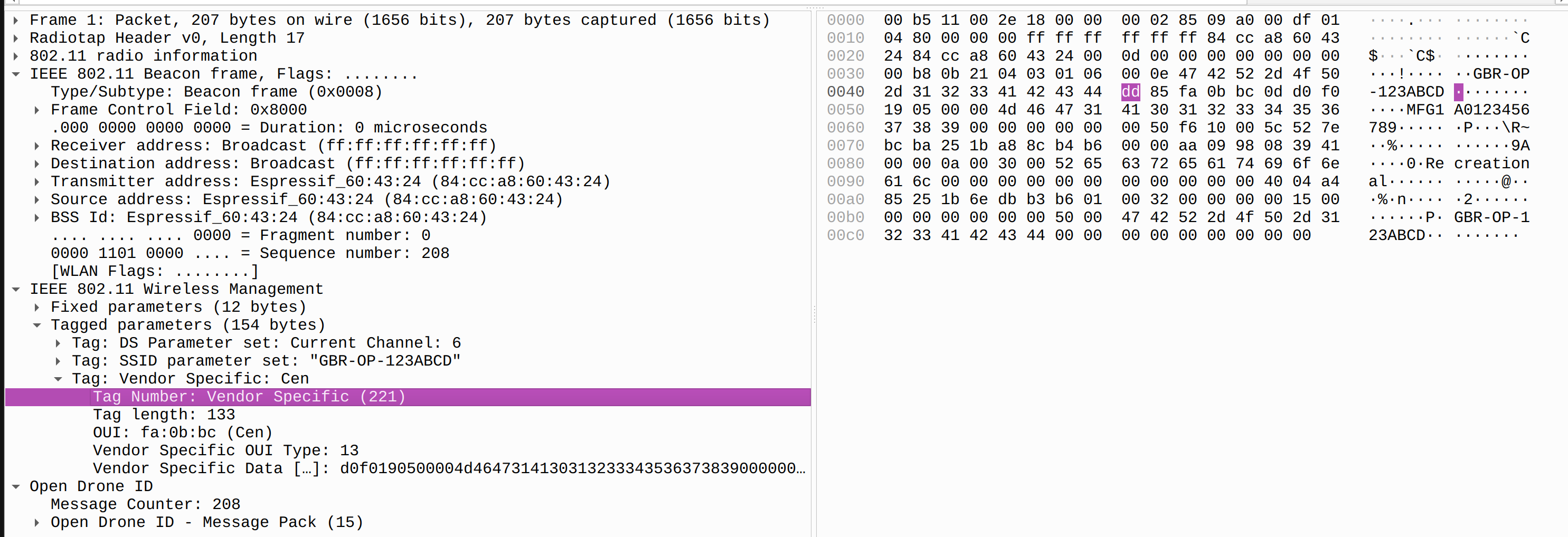 screenshot of wireshark showing an expanded, parsed beacon packet