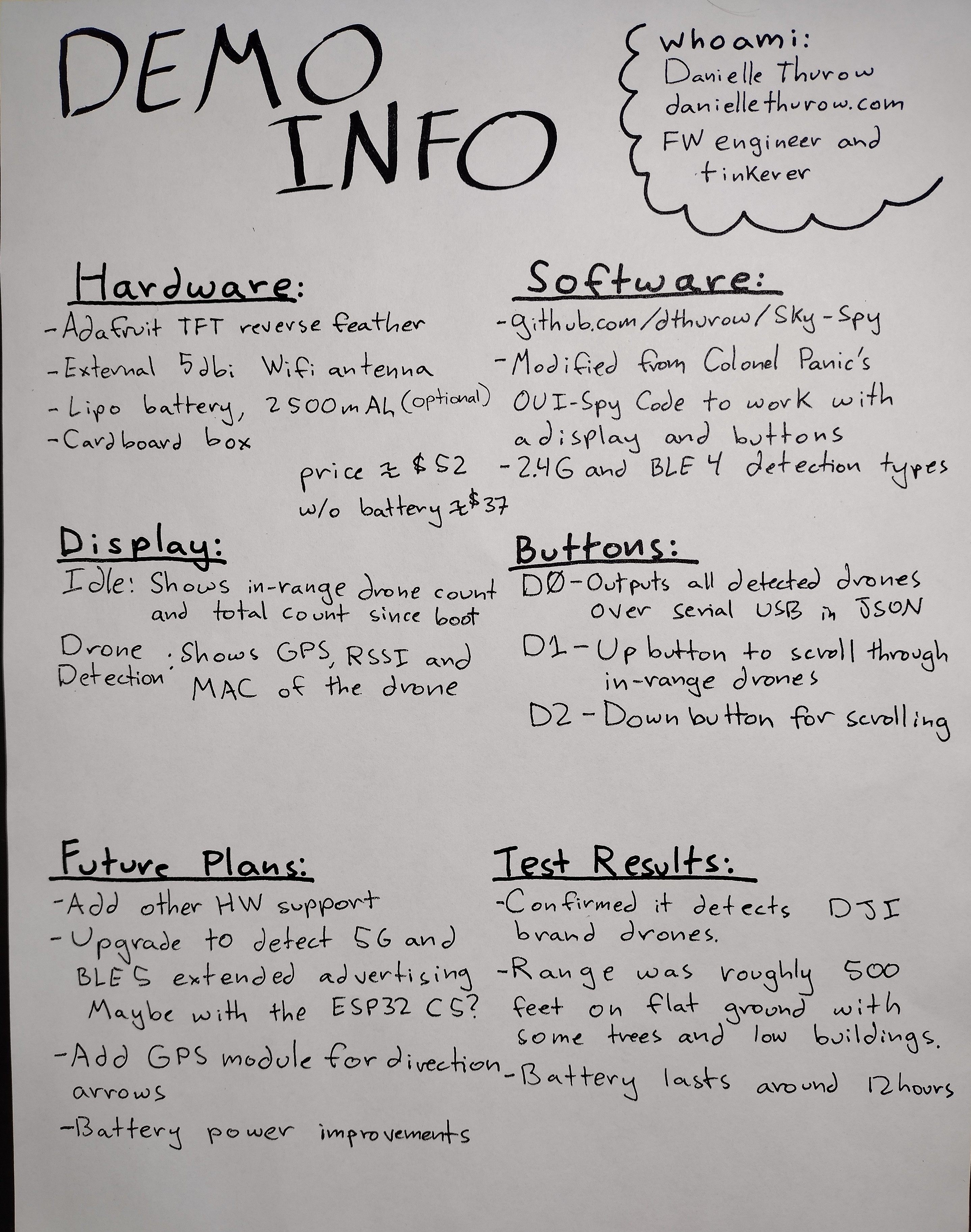 photograph of another handrawn page explaining the hardware, software, and use of the custom adafruit TFT feather setup.