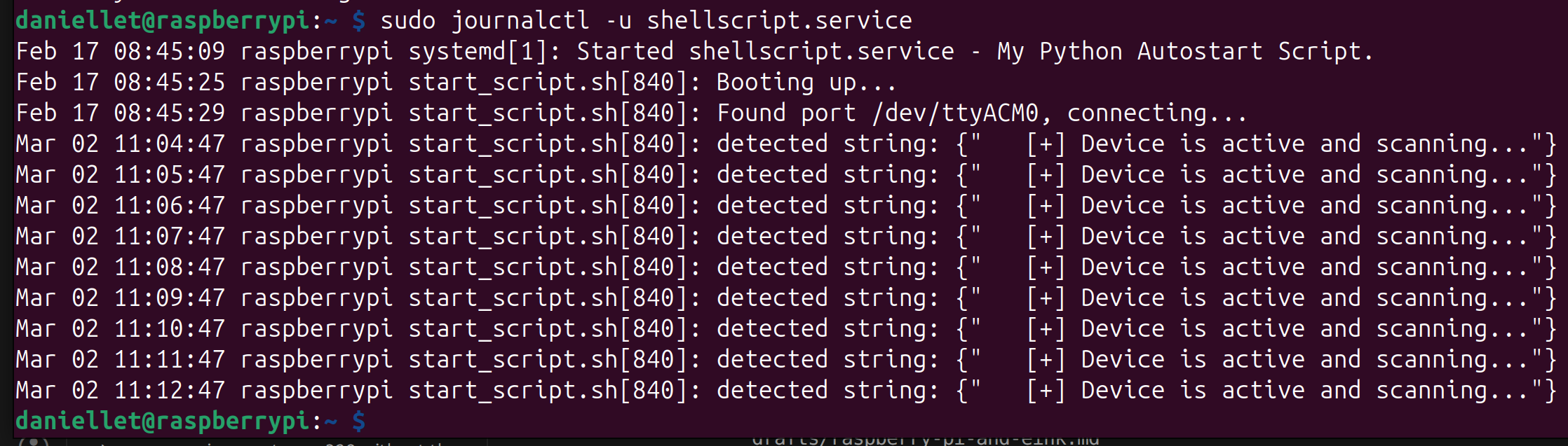 screenshot of the output of journalctl command, showing all print statements from the printing_to_eink.py script
